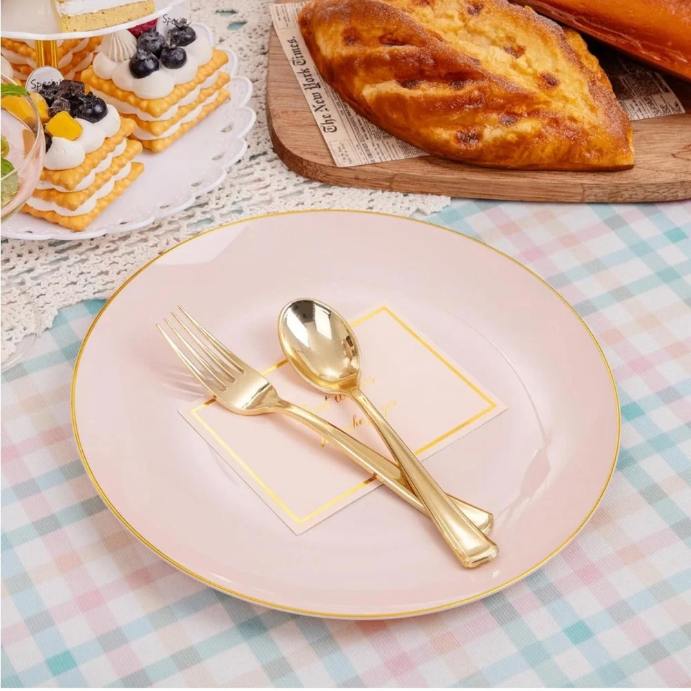 100PCS Pink Disposable Plates w Gold Rim 10.25 inch Ideal for Wedding💒&Party🥳
